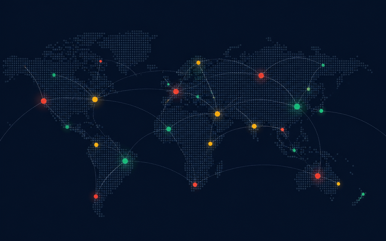 Global presence map showing connected offices across Americas, EMEA, and APAC
